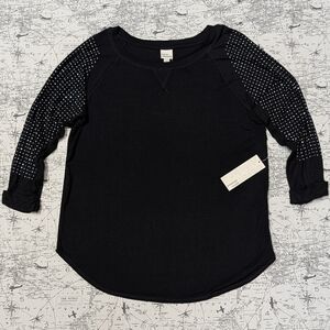 NWT Cover Stitched Studded Black Long Sleeve Top Size Large